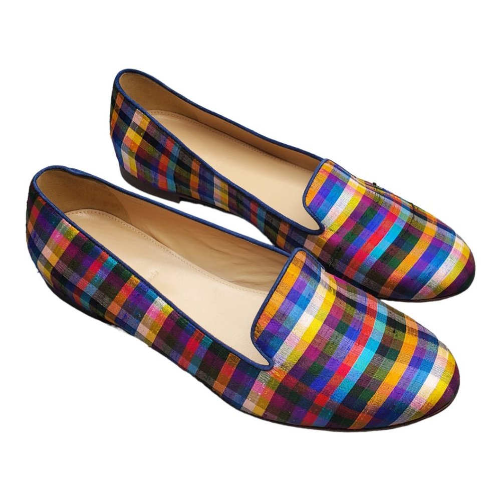 J. Crew Falsetto Madras Plaid Multicolor Dupioni Silk Loafer Flats sz 9 1/2